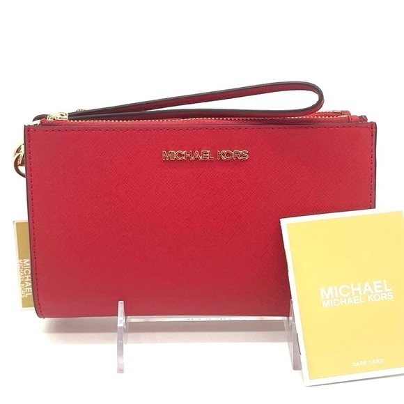 Michael Kors Large Double Zip Wallet Wristlet Red/Gold (NWT) - Picture 1 of 7